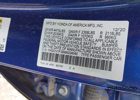 2021 Honda Accord Sport из США, поврежденный, VIN 1HGCV1F39MA024045